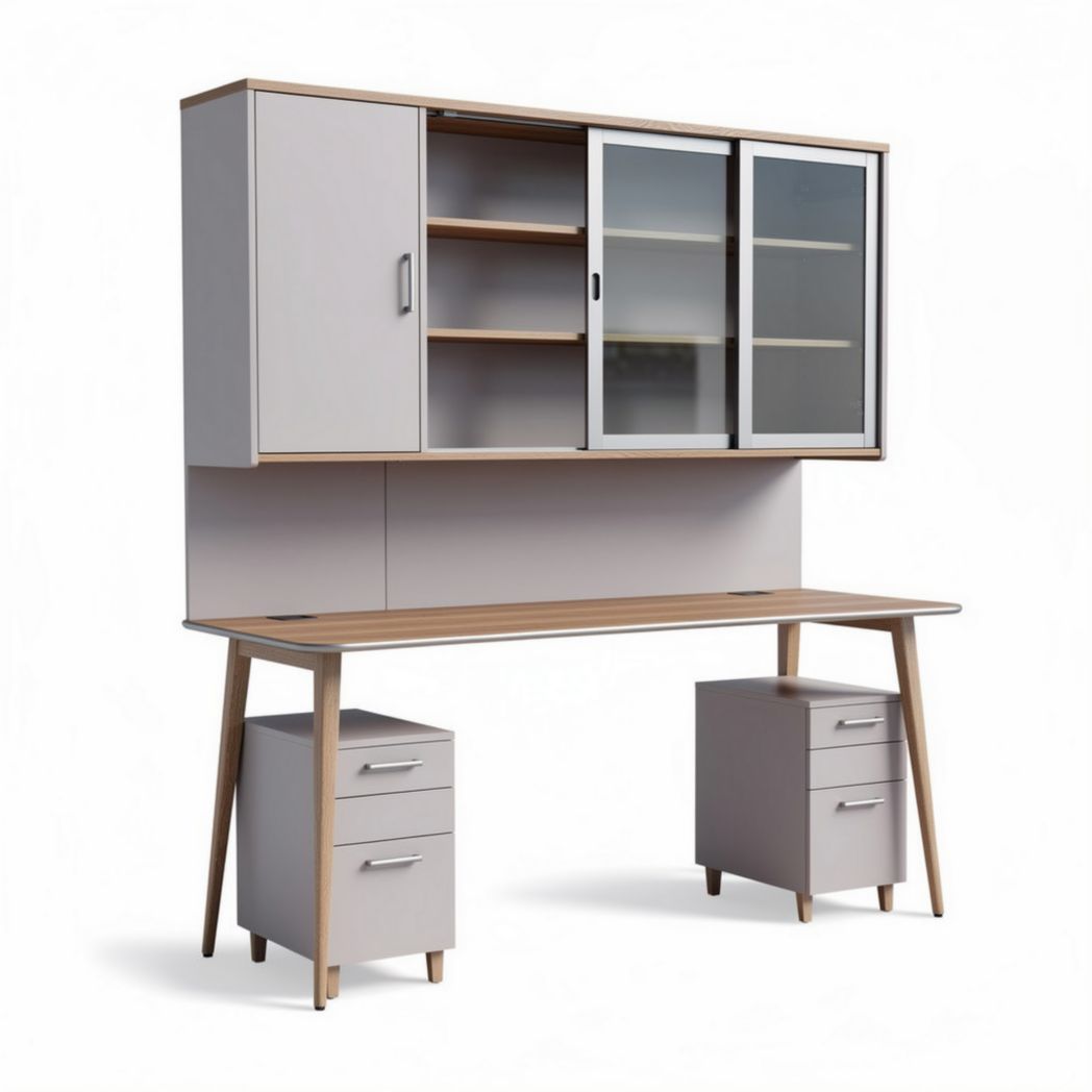Büroregal mit Arbeitsfläche aus Holz und Glas ca 160 x 50 x 180cm in grau