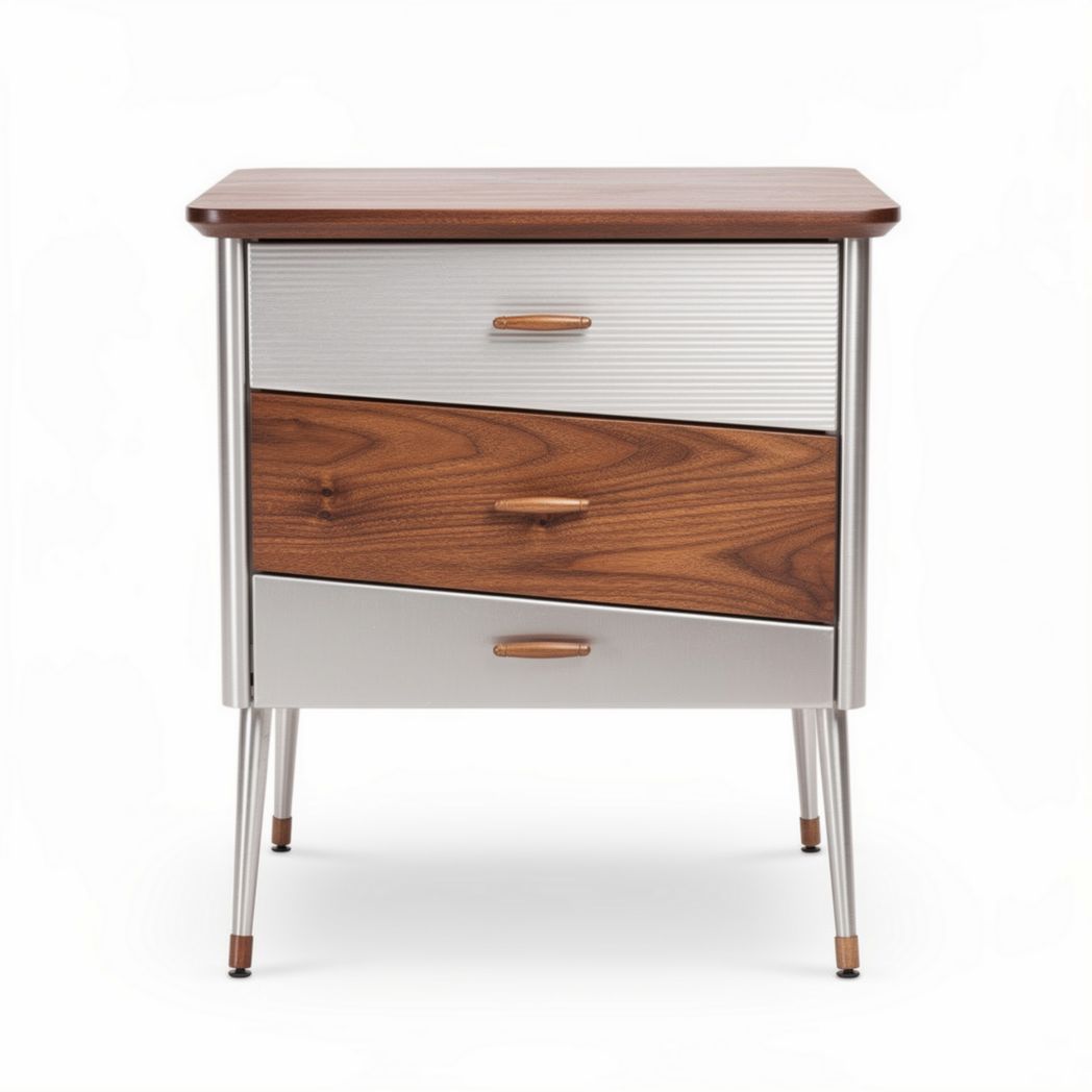 Nachttisch mit drei Schubladen aus Holz und Metall in braun und silber 45 x 40 x 55cm